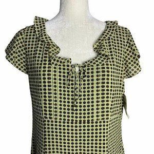 Emma James Polka Dot Midi Dress 14 Green Brown Ruffle Zipper NEW